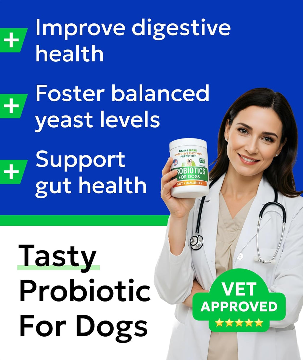 BARK&SPARK Dog Probiotics for Digestive Health w/Enzymes - Diarrhea Gas Treatment Upset Stomach Relief - Allergy & Itchy Skin - Pet Probiotics for Dogs - Digestion Supplement Treat (120Ct Chicken)