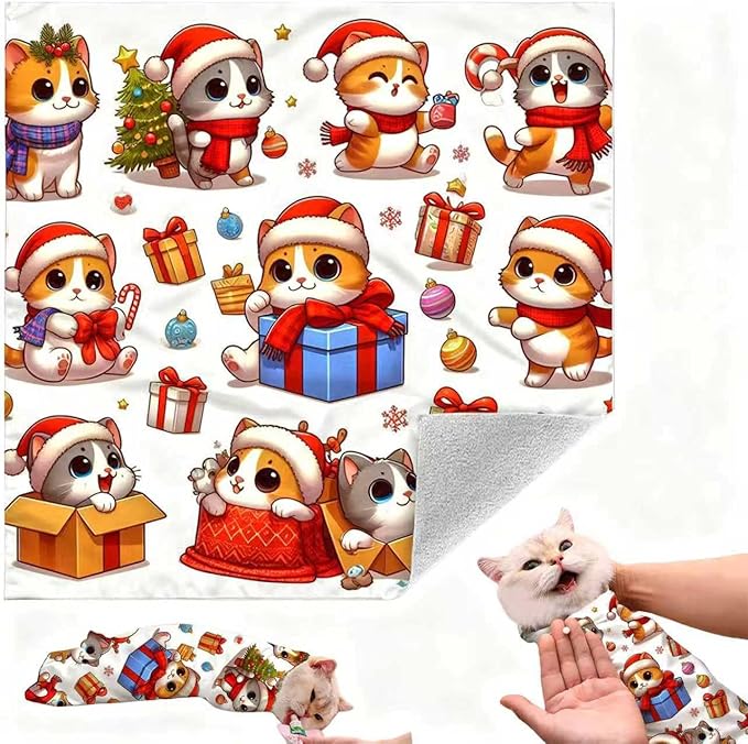 Cat Grooming Wrap, Self-Adherent Soft Cat Blanket to Wrap, Nail Clipping, Anti-Bite, Anti-Scratch, Anti-Escape Calming Wrap (Christmas, 10-13 lbs)