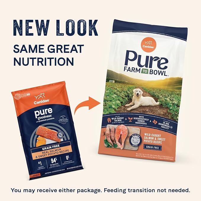 Canidae Pure Farm to Bowl, Grain-Free, Wild-Caught Salmon & Sweet Potato Dog Food, Adult 22lb