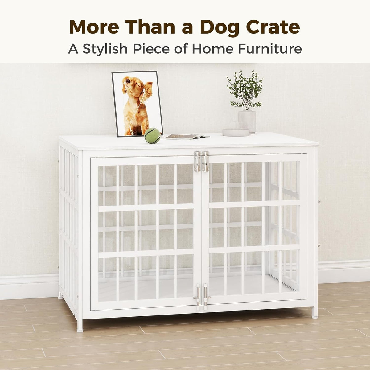 38 Inch Heavy Duty Wooden Dog Kennel End Table with Double Door Design and Secure Locks, Indoor Pet Crate Furniture for Medium Dogs, Decorative Home Cage Design,White