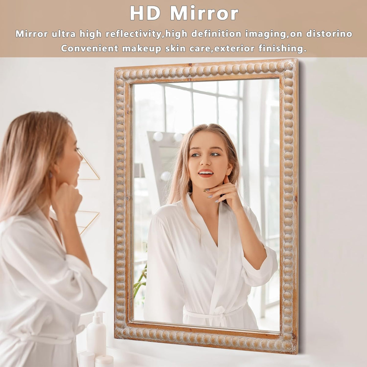 Farmhouse Bathroom Mirror 22x30 Inch - Rectangular Wall Mirrors with Wood Frame & Beaded Design - Distortion-Free Glass, Horizontal/Vertical Mount or Freestanding