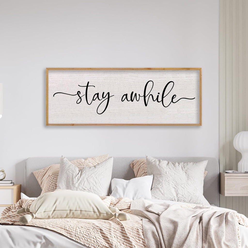 LuZhiQiang Stay Awhile Home Sign Wall Decor 40"X15" Large Solid Wood Frame For Hallway Living Room Entryway Wall Art Hanging (Wood)