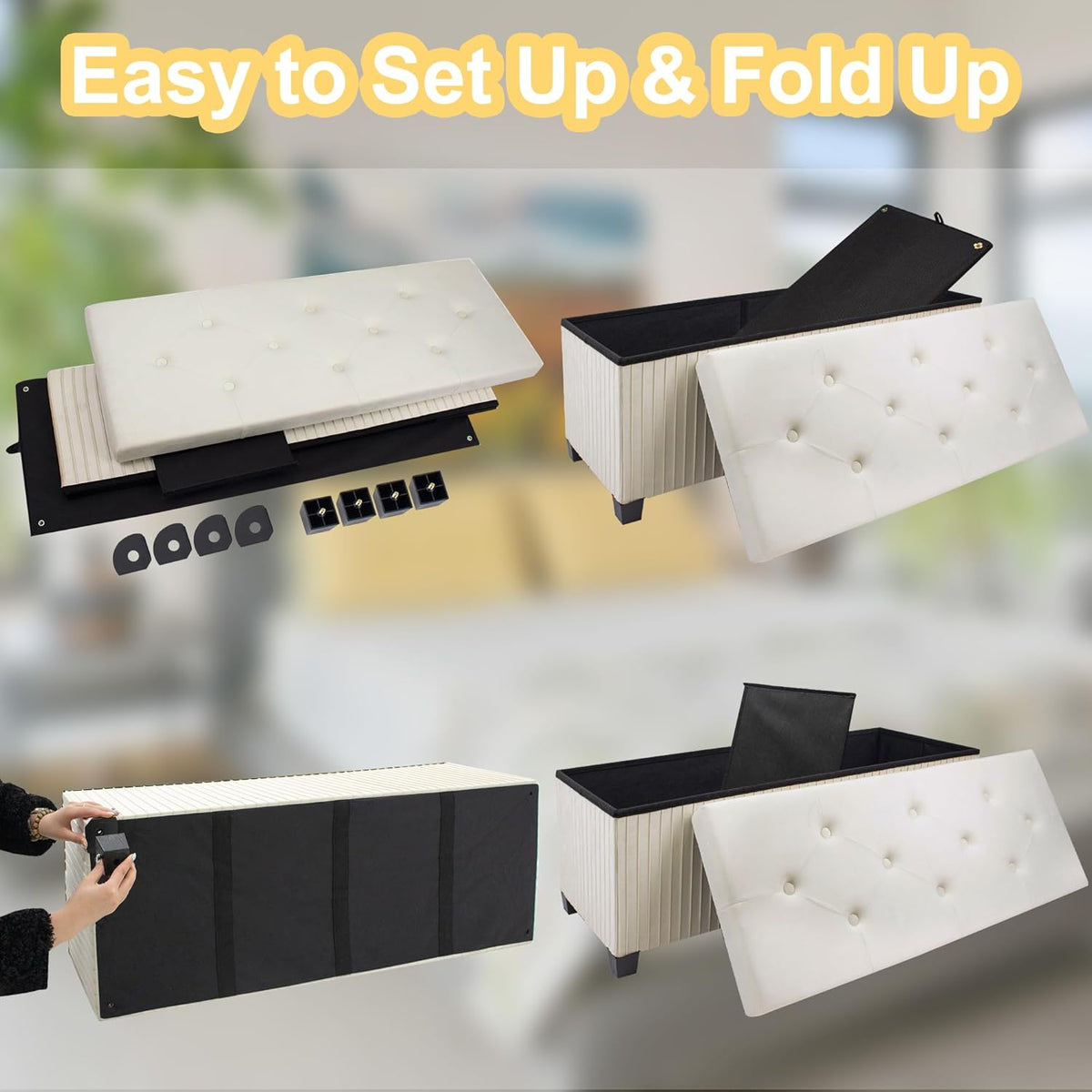 Storage Ottoman Bench, 43 Inch Foldable Ottoman with Legs, Velvet Foot Rest Stool, End of Bed Bench, Storage Chest for Living Room, Bedroom (Beige)