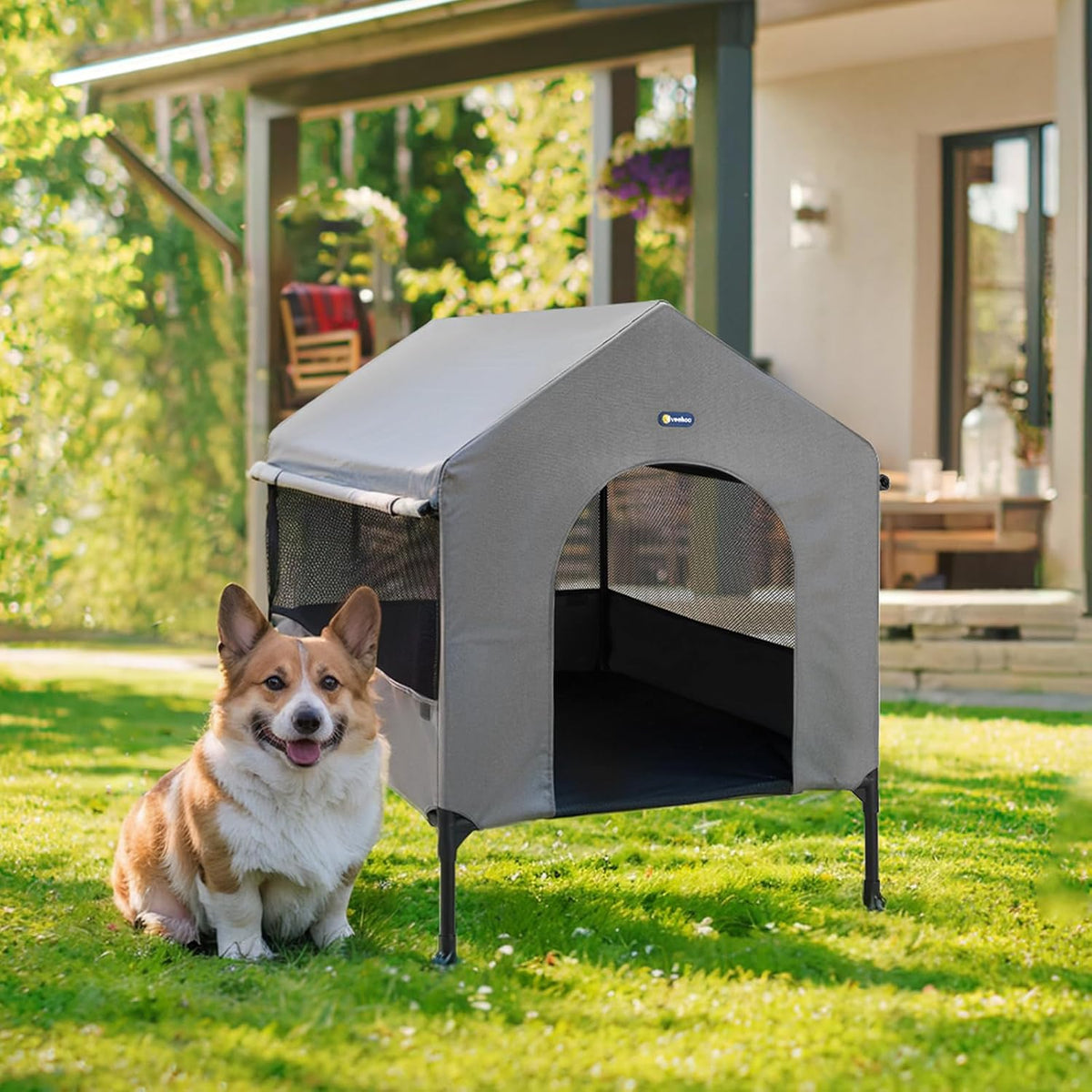 Veehoo 29" Dog House, 2-in-1 Small Dog House Outdoor Indoor Weatherproof, Outside Elevated Dog Cot Bed Dog Tent Shade, Three-Sided Breathable Mesh Windows and Sunshades, CWC2435CP