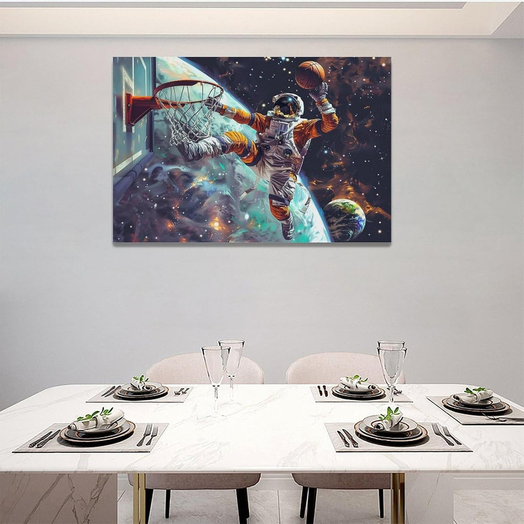 Quorin Astronaut Wall Art Funny Spaceman Basketball Pictures Space Galaxy Planet Wall Decor Canvas Print Painting Artwork for Bathroom Living Room Bedroom 16"x24"
