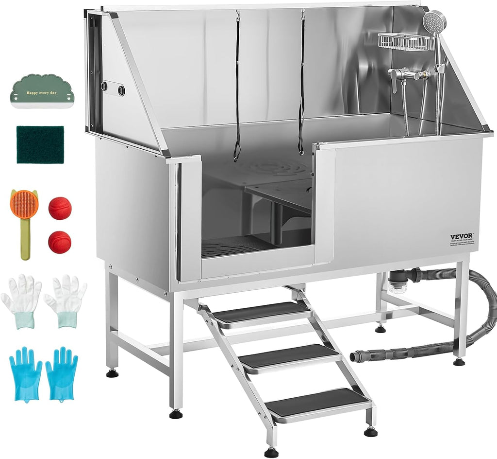 VEVOR Stainless Steel Dog Washing Station, Professional 62 inch Pet Grooming Tub w/Stairs, PE Water Filter Board, Faucet & Showerhead & Soap Holder Bathtub for Large & Medium & Small Pets (Left Door)