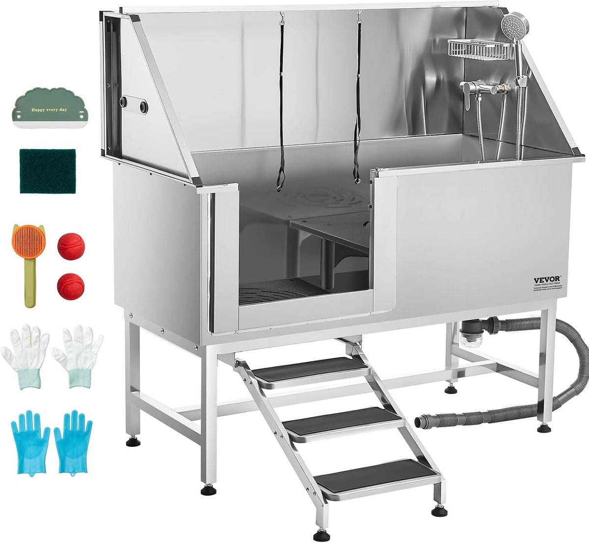 VEVOR Stainless Steel Dog Washing Station, Professional 62 inch Pet Grooming Tub w/Stairs, PE Water Filter Board, Faucet & Showerhead & Soap Holder Bathtub for Large & Medium & Small Pets (Left Door)