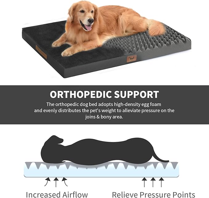 Large Comfy Washable Dog Bed, Orthopedic Egg Crate Foam Dog Crate Mat for Large Dogs with Removable Cover, 41x27 Inch, Black