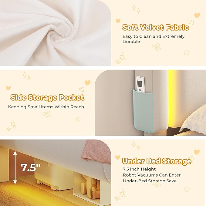 Twin Size Floating Bed Frame with LED Lights, Velvet Upholstered Headboard Bed Frame for Kids/Girls, Rounded Corners, Charging Station, No Box Spring Needed, White