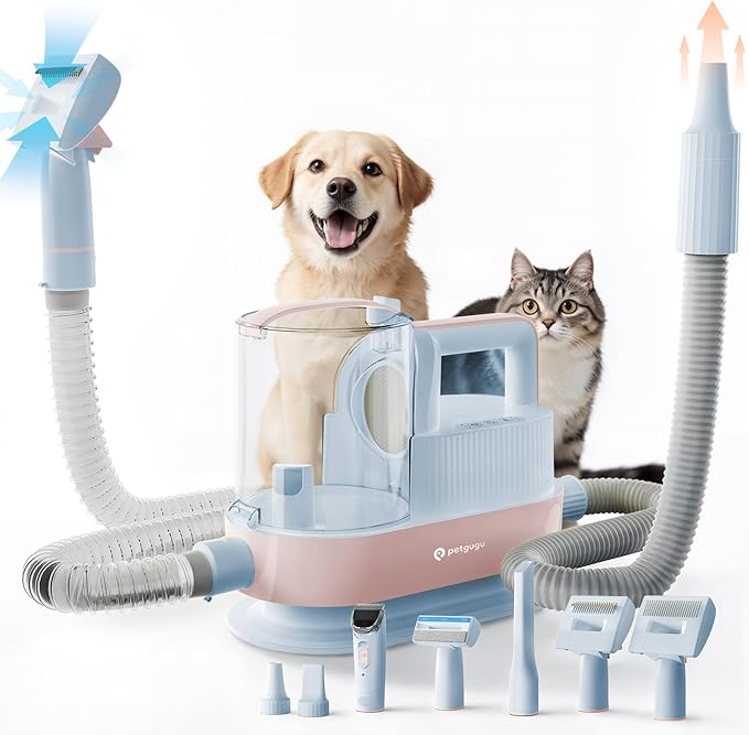 Dog Grooming Vacuum Kit with Clippers, 7-in-1 Pet Hair Grooming Set for Dogs, Hair Dryer with 3 Heat Settings, 11000Pa Suction, 2.5L Dustbin(Powder Blue & Pink)