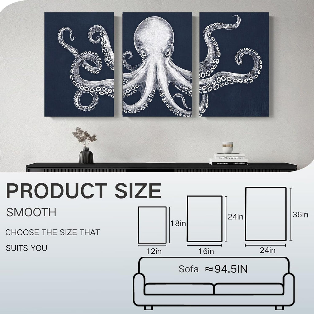 Octopus Wall Decor, Octopus Canvas Wall Art, Ocean Wall Decor,Sea Animal Canvas to Paint for Bathroom, Living Room, Bedroom (12" x 18" x 3 pcs)