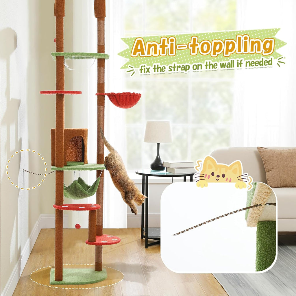 PEQULTI Floor to Ceiling Cat Tree 92.9’’-101.6’’ Height Adjustable Mushroom Cat Tower Tall Climbing Play House with Scratching Posts, Cozy Condo, Perches and Large Hammock for Indoor Cats Brown