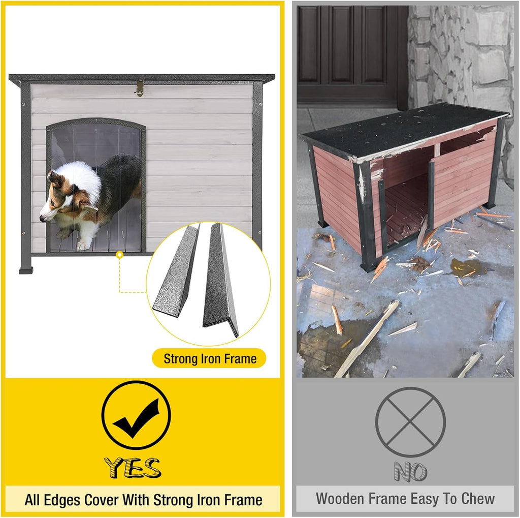 Aivituvin Large Dog House Outdoor Indoor Weatherproof Dog House for Small & Medium & Large Dogs with Unique All-Around Iron Frame＆Raised Feet（White）