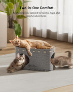 DownyPaws Cat House for Indoor Cats, Cat Bed Cave for Multiple & Large Cats Up to 22 Lbs, Scratch Resistant, Foldable Peekaboo Kitten Caves Tunnel Enclosed Bed, PeekaPurr, Light Gray