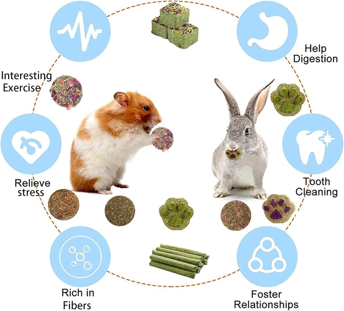 Grddaef Rabbit Toys, Guinea Pig Toys 25 Pcs Natural Timothy Hay Bunny Chews and Treats for Hamster Chinchilla Gerbil