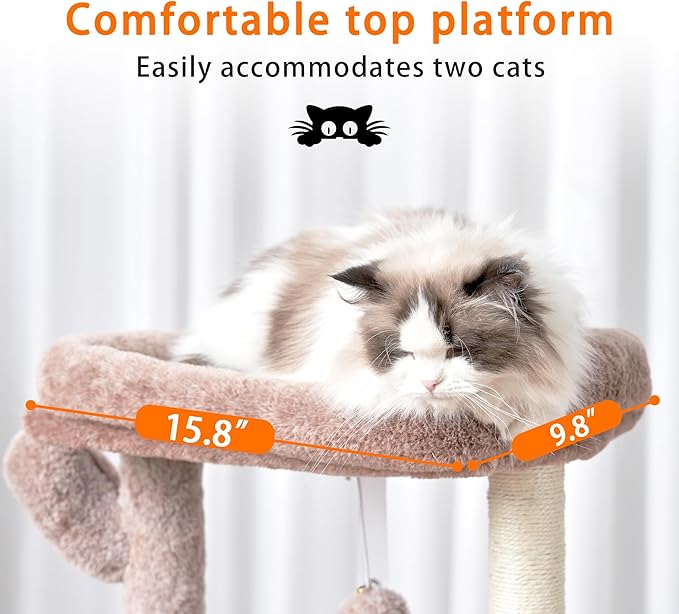 Heybly Cat Tree, 39.4 Inches Tower Condo with Scratching Post, Cat Tower for Indoor Cats, Fully Wrapped Sisal Pole, Soft Platform, 2 Baskets and Dangling Toy, Muchroom HCT006SMU