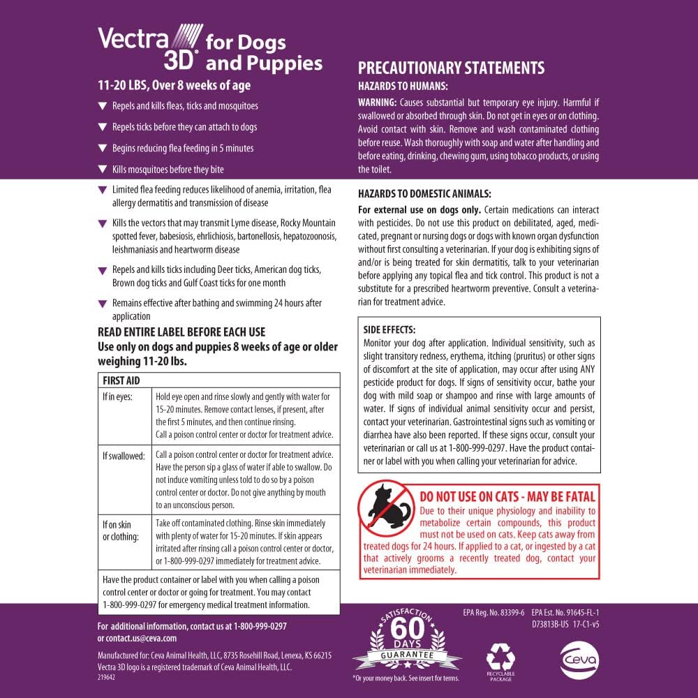 Vectra 3D for Dogs Flea, Tick & Mosquito Treatment & Prevention for Small Dogs (11 – 20 lbs) , 6 month supply