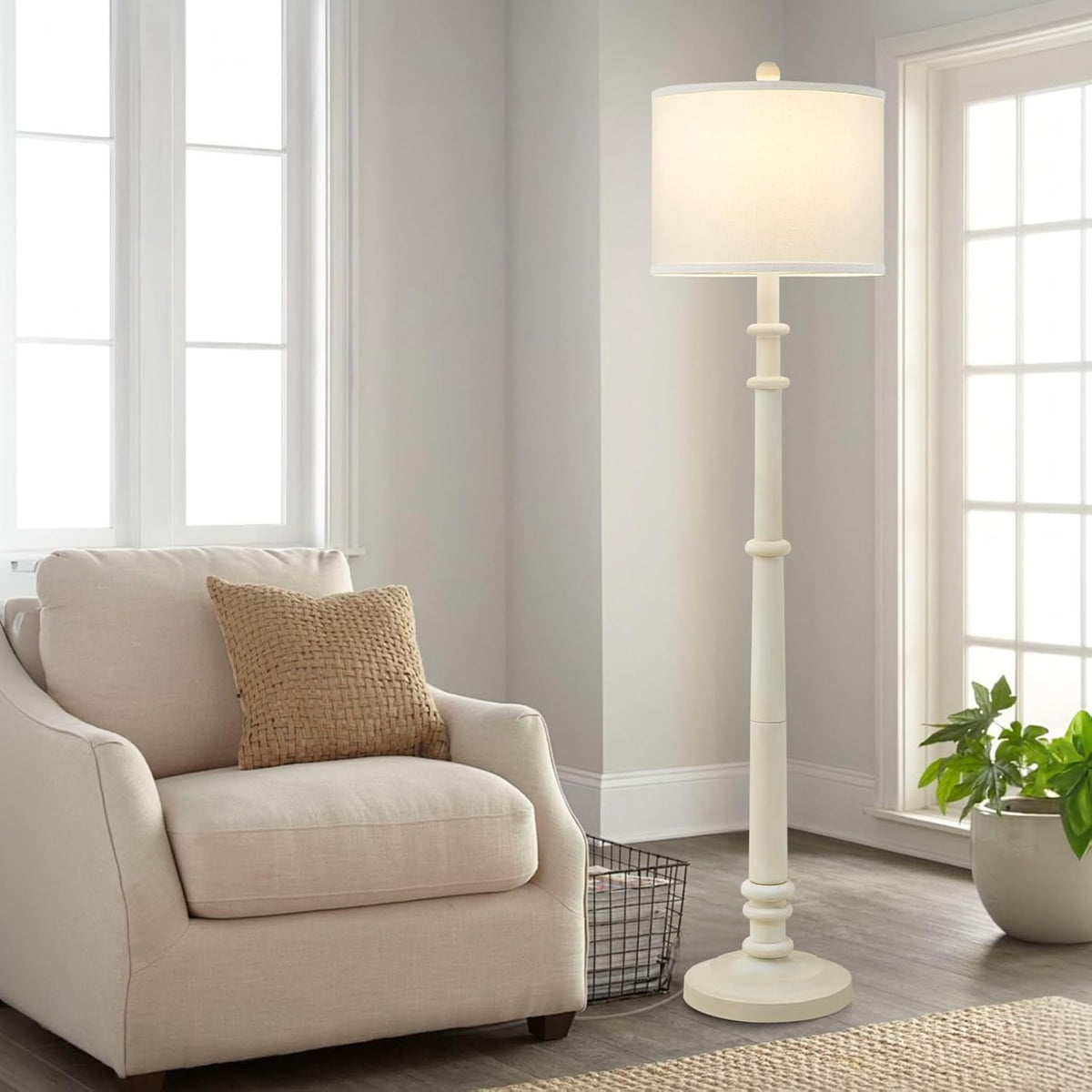 Floor Lamps for Living Room - 60" Resin Farmhouse Floor Lamp with 3 Color Temperatures - Vintage Standing Lamp Reading Light with Linen Shade Retro Tall Lamp for Bedroom Office, Almond White