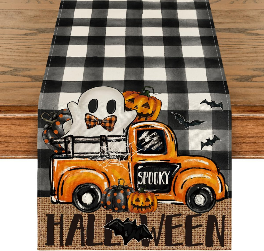 Artoid Mode Buffalo Plaid Bat Pumpkin Ghost Truck Spooky Halloween Table Runner, Sensonal Kitchen Dining Table Decoration for Home Party Decor 13x108 Inch