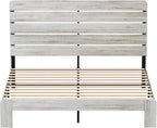 Rustic White King Size Wooden Bed Frame with Farmhouse Headboard, Solid Wood Platform Bed with Wood Slats, Noise-Free Structure, No Box Spring Needed