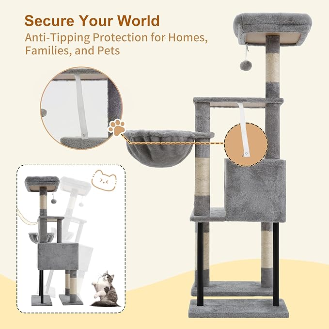 Heybly Cat Tree, 49.2 Inches Cat Tower for Indoor Cats, Spacious Cat House Condo with Hidden Space，Sturdy Steel Tube，Soft Plush Top Perch，Cozy Hammock and Sisal Scratching Posts, Light Gray HCT200SW