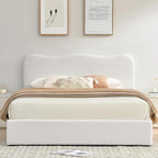 VELOCAVA King Size Storage Bed with 4 Drawers, Modern Upholstered Bouclé-Textured Platform Frame with Curved Headboard, Rounded Corners, Wood Slats, No Box Spring Needed, Cream White