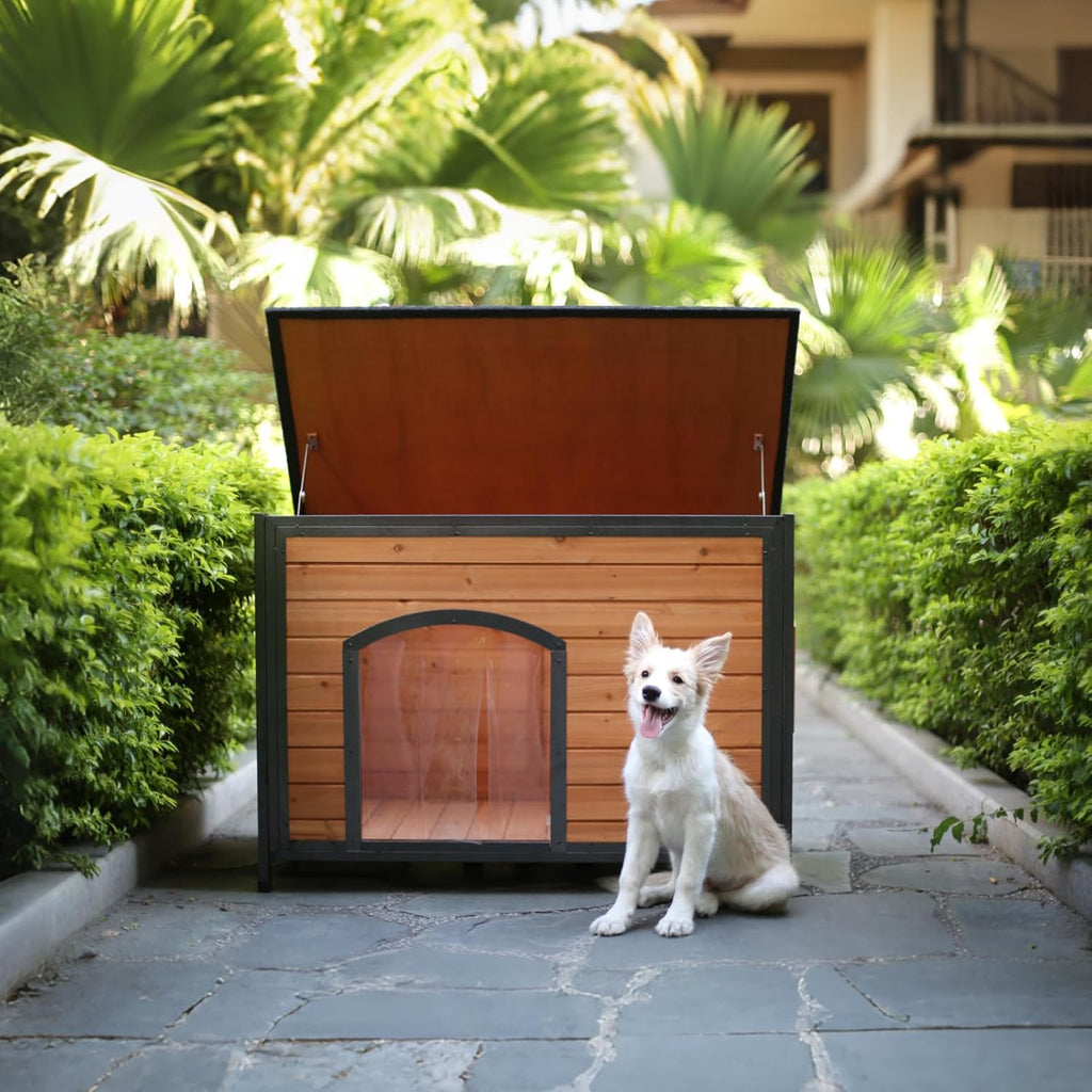 Dog House Outdoor Weatherproof 34.3" L Chew Proof Outside Dog Kennel for Small Medium Dogs with Strong Metal Chew Proof Frame Raised Design