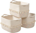 TeoKJ Woven Baskets for Storage, Set of 3 Cotton Rope Basket with Handle for Decor and Storage, Cute Baskets for Organizing in Classroom, Kitchen, Bathroom, White & Stitches Rainbow