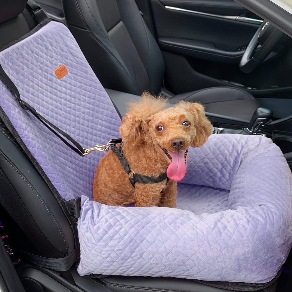 Dog Car Seat for Small Medium Dogs Up to 40lbs, Detachable Washable Soft Pet Booster Travel Bed for Front & Purple Seat with Safety Leash Belt