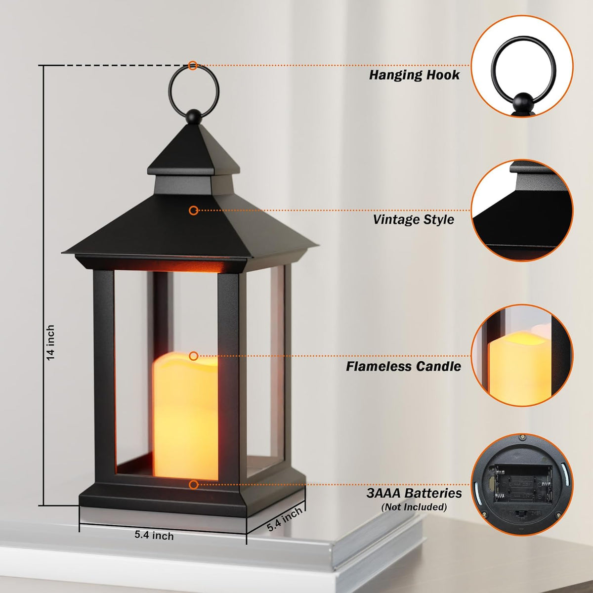Lanterns Decorative Indoor, 1 Pack Black Outdoor Lantern with Timer, 14" Lantern Waterproof with Battery Operated Candle, Outdoor Hanging Lanterns for Porch, Patio, Wedding Decor