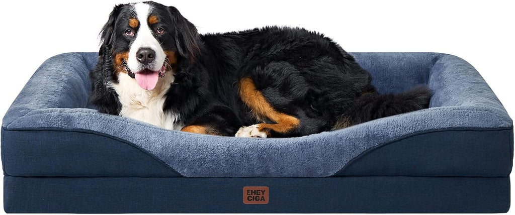 EHEYCIGA Memory Foam XL Dog Bed for XLarge Sized, Extra Large Orthopedic Dog Sofa with Sides and Waterproof Liner, Washable Bolster Pet Couch with Removable Cover, 42x30x7.5 Inch, Navy