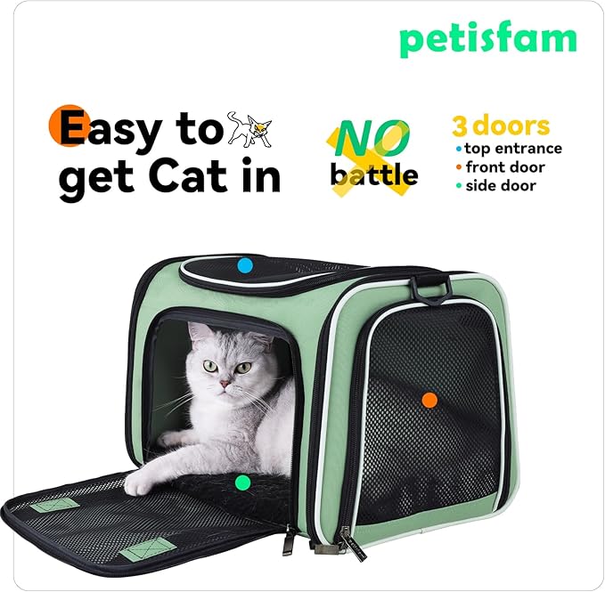 petisfam Top Load Cat Carrier for Medium Cats and Small Dogs with Washable Cozy Bed, 3 Doors and Shoulder Strap. Easy to get cat in, Easy Storage, Lightweight, Airline Approved