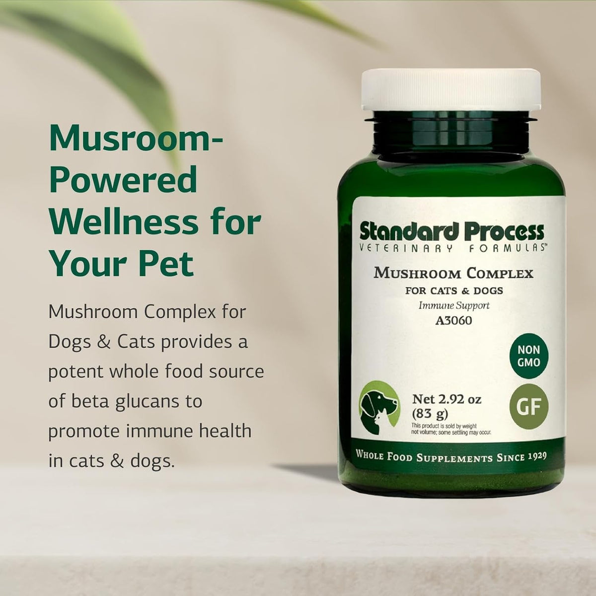 Standard Process Mushroom Complex for Dogs & Cats - Immune Support Supplement with Bovine Colostrum - Lion's Mane Extract Powder for Dog & Cat Immune Support - Essential Aid for Pet Health - 2.92 oz