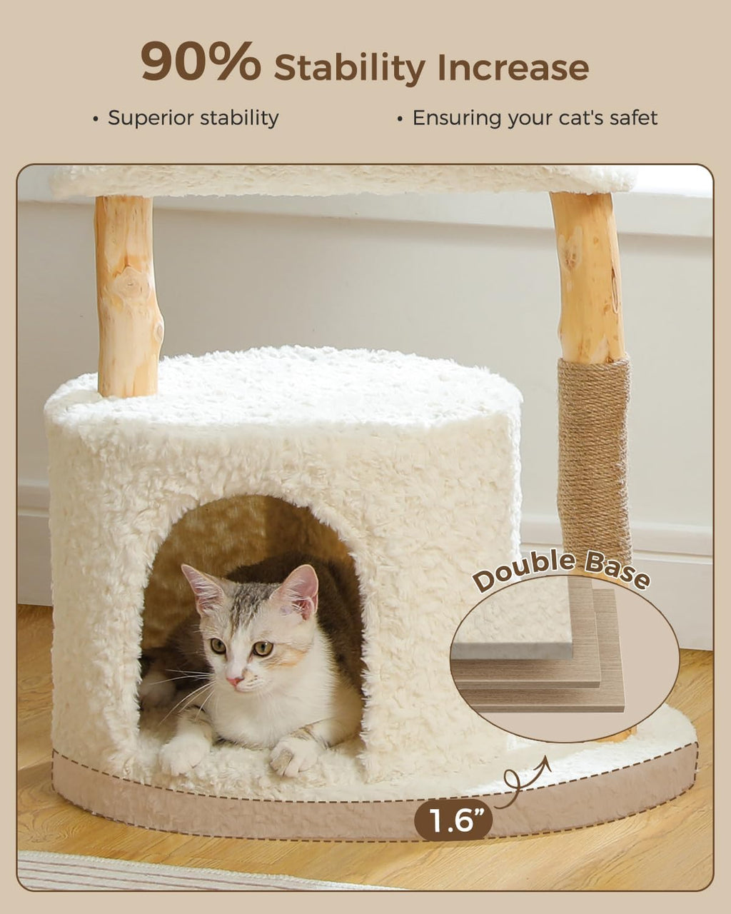 Modern Cat Tree Tower for Large Cats, Wood Cat Tower with Natural Scratching Post, Solid Wood Condo, Real Branch Luxury Cat Furniture with Curved Bed, Top Basket, White