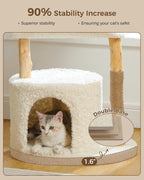 Modern Cat Tree Tower for Large Cats, Wood Cat Tower with Natural Scratching Post, Solid Wood Condo, Real Branch Luxury Cat Furniture with Curved Bed, Top Basket, White