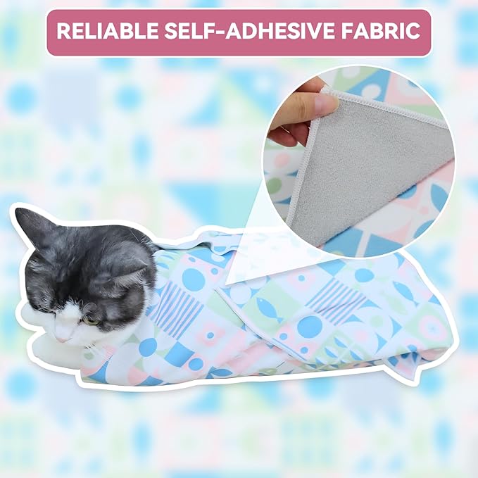 Cat Grooming Wrap for Cutting Nails, 27.6" Anti-Escape Calming Cat Swaddle Wrap for Medicine, Nail Clipping, Teeth Brushing, Ear Cleaning, Self-Adherent Burrito Restraint, (Geometric Fish, L)