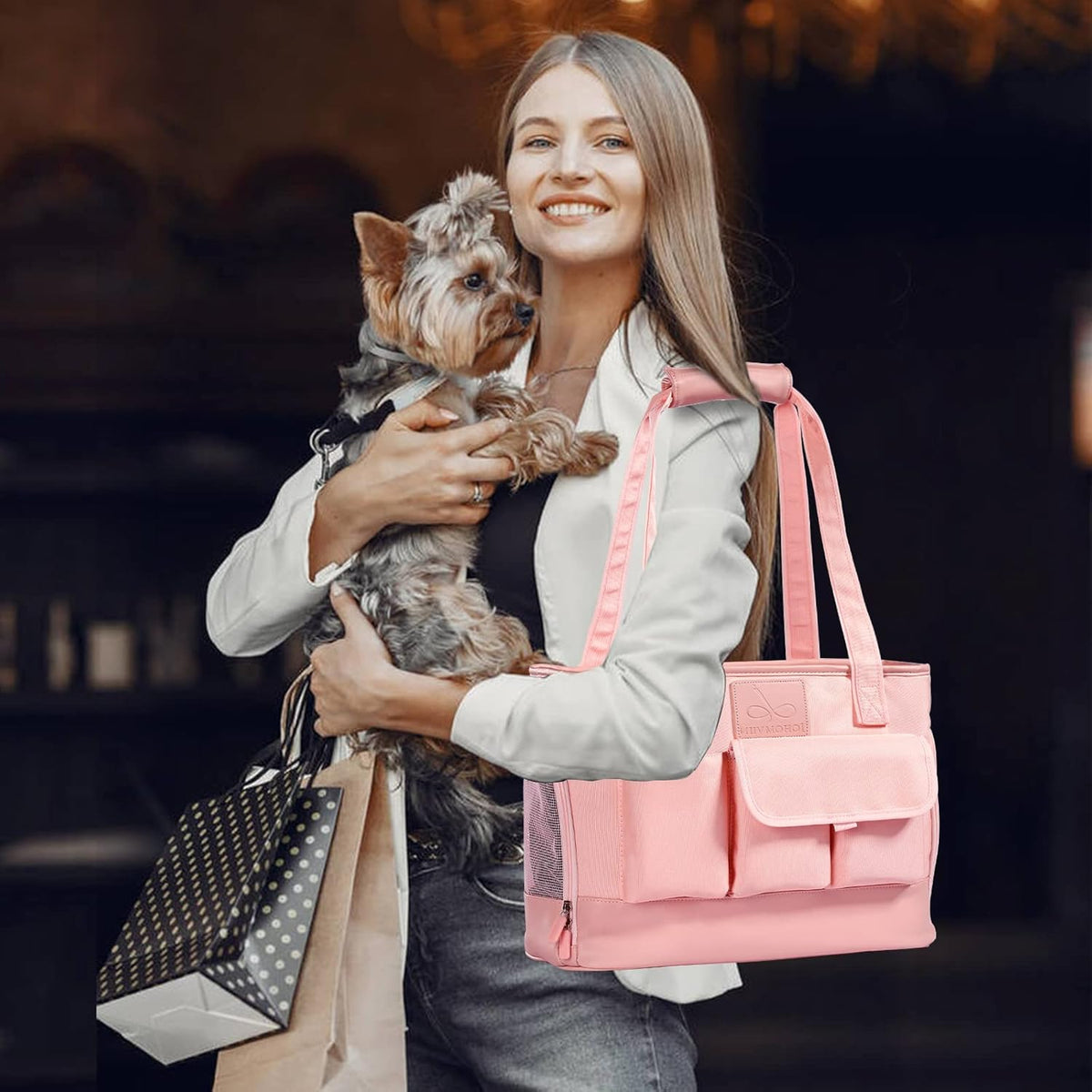 Dog Carrier, Cat Carrier, Pet Carrier, Foldable Waterproof Premium PU Leather Oxford Cloth Dog Purse, Portable Tote Bag Carrier for Small to Medium Cats and Small Dogs (Pink)