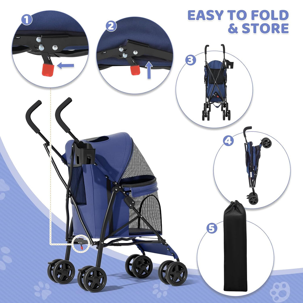 Magshion Compact Pet Stroller for Small-Medium Dogs/Cats up to 22lbs, 4-Wheel Lightweight Umbrella Shaped Portable Puppy Travel Jogger with Breathable Mesh, Cup Holder & Rear Storage, Navy Blue