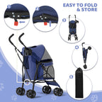 Magshion Compact Pet Stroller for Small-Medium Dogs/Cats up to 22lbs, 4-Wheel Lightweight Umbrella Shaped Portable Puppy Travel Jogger with Breathable Mesh, Cup Holder & Rear Storage, Navy Blue