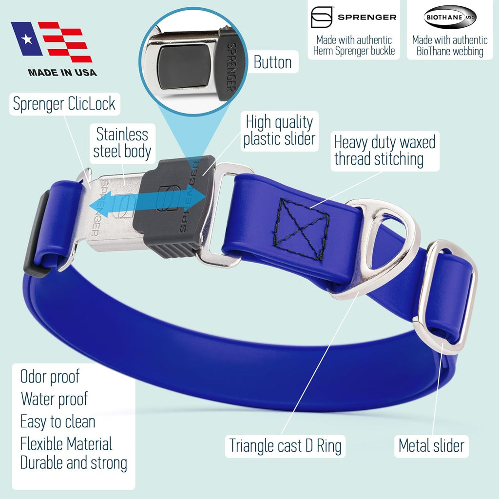 Dogline Biothane Waterproof Dog Collar with Herm Sprenger Stainless Steel Quick Release Buckle – Heavy Duty Tactical Durable Collar for Dogs – Comfortable and Safe Pet Collar W 1" L 15-25" Blueberry