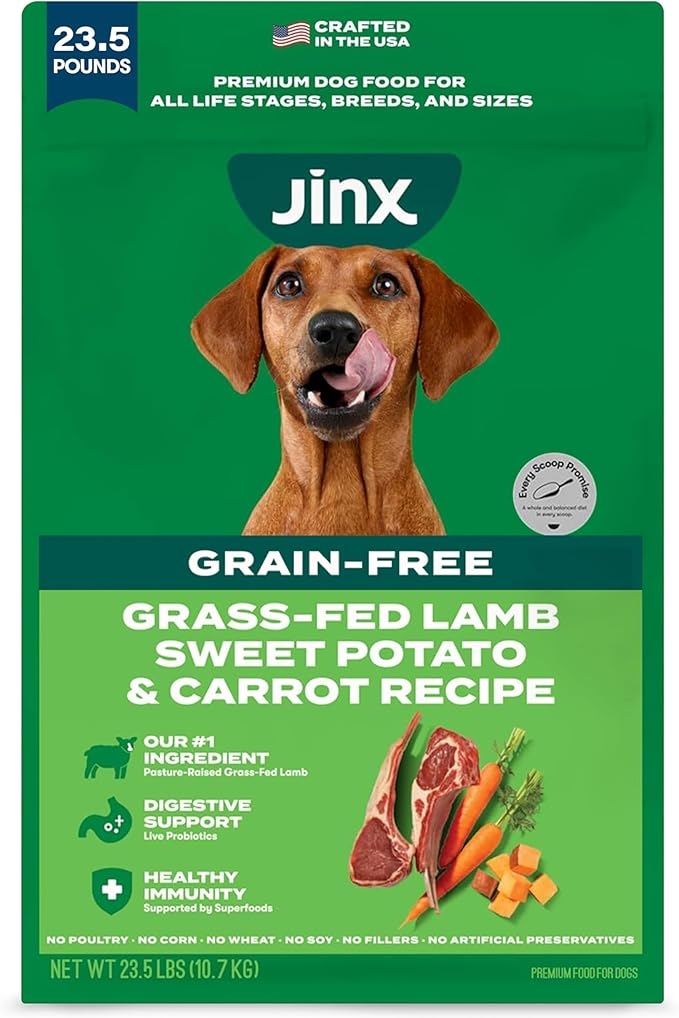 Jinx Premium Grain-Free Dry Dog Food, for All Lifestages - Grass-Fed Lamb, Sweet Potato & Carrot Dog Food with Superfoods for Immune Support & Probiotics for Digestive Support - No Fillers - 23.5lb
