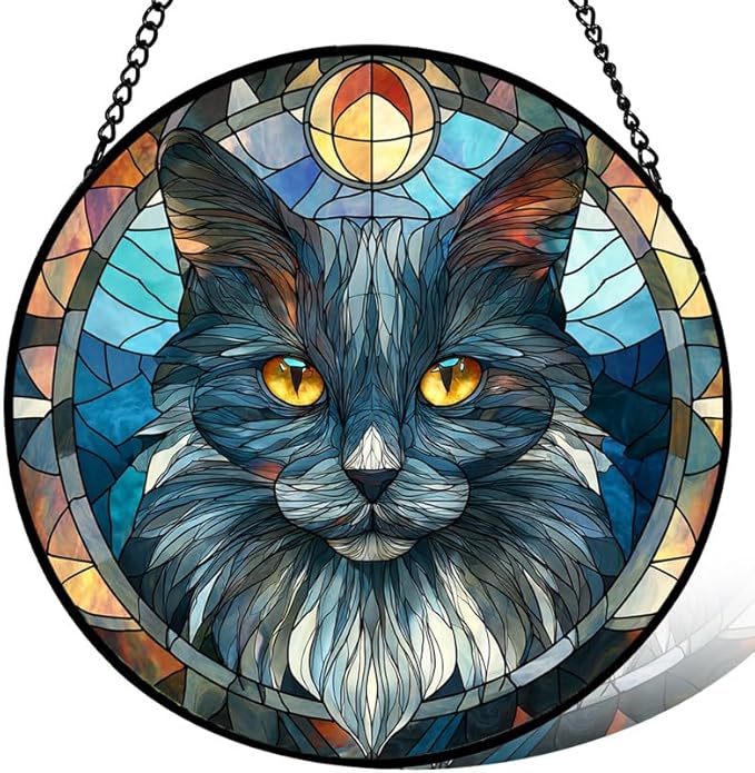 Stained Glass Window Hanging， Wizard Cat 11.8in Sun Catchers Indoor Window， Core Decor Inside and Outside The Cottage， Whimsical Feline Decor， Gifts for Women