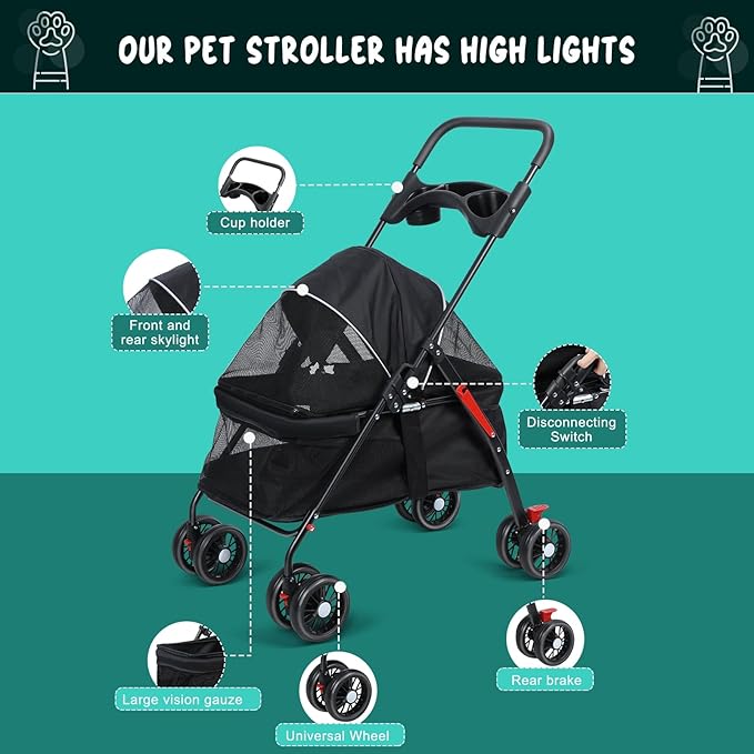 4 Wheels Pet Stroller for Medium Small Dog up to 50lbs, Dog Cat Stroller, Outdoor Travel Pet Folding Strollers, Cat Cage Strollers with Cup Holder, Breathable and Visible Mesh 1 Set