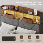 Full Size Bed Frame with 4 Storage, Upholstered Velvet Platform Bed Frames with Button Tufted Headboard Led Lights, Wooden Slats Support, No Box Spring Needed, Rustic Brown