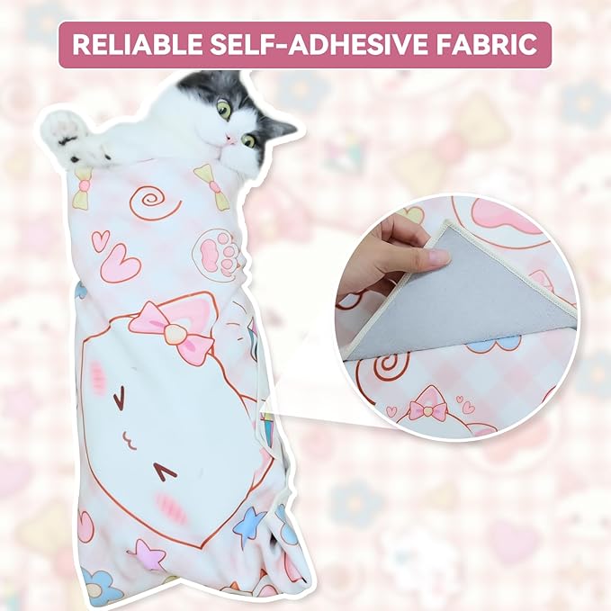 Cat Grooming Wrap for Cutting Nails, 27.6" Anti-Escape Calming Cat Swaddle Wrap for Medicine, Nail Clipping, Teeth Brushing, Ear Cleaning, Self-Adherent Burrito Restraint, (Happy Kitty, L)