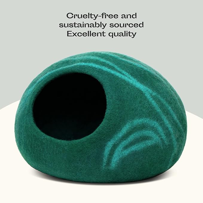 MEOWFIA Cat Cave – Premium Felt Cat Bed for Indoor Cats, Handmade 100% Merino Wool (Large, Emerald)
