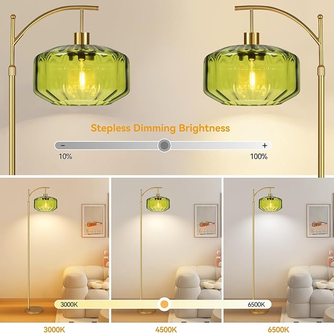 Arc Floor Lamps for Living Room Bedroom,Gold Floor Lamp with Remote Control & Glass lampshape,Dimmable Floor Lamp Modern Mid Century Modern Standing Lamp Vintage Tall Flower Lamp for Bedroom Corner
