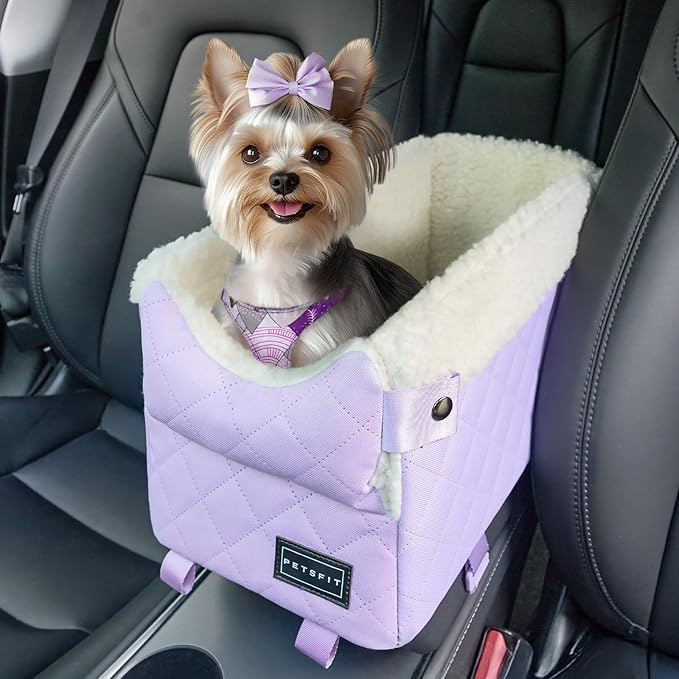PETSFIT Cat Car Seat with Safe Protection Hooks, Center Console Dog Car Seat with Upgraded Safety Tethers, Washable Cushion, Dog Car Seats for Small Dogs Up to 8 Lbs (Purple)