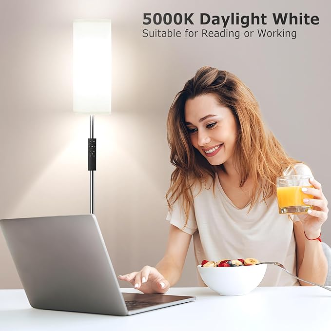 Ambimall 64'' Floor Lamps for Living Room with Remote Control and Stepless Dimmable Colors Temperature & Brightness, 9W Bulb Included(White Lampshade & Silver Pole)