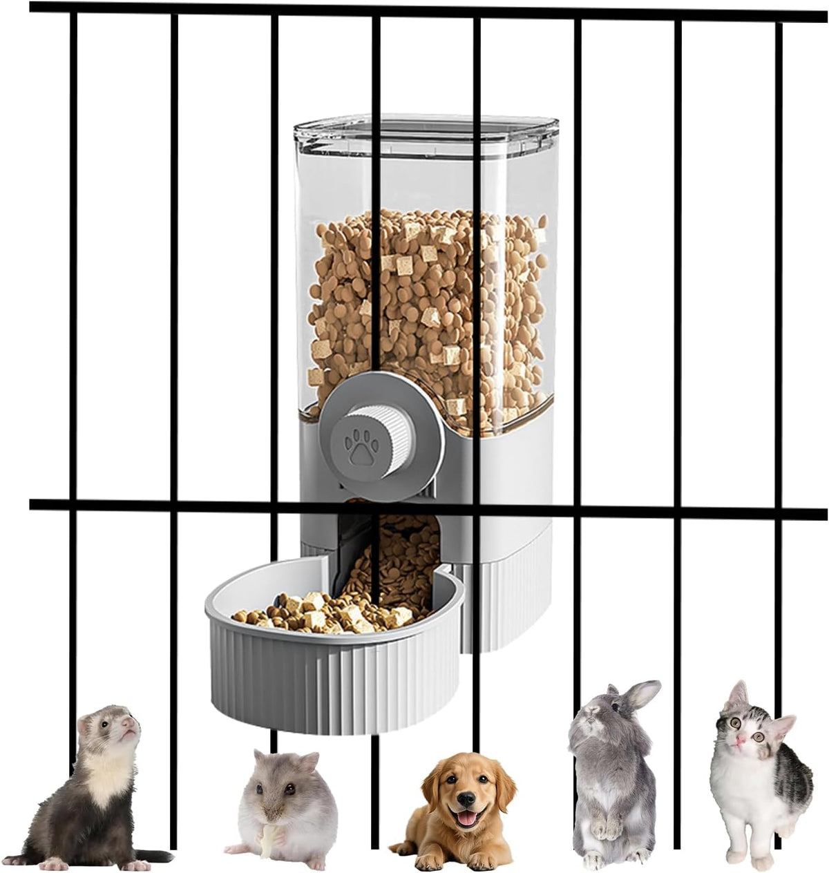 Auto Gravity Food Dispenser for Cage Hanging, 41OZ Capacity Hanging Automatic Pet Cage Feeder, Food Bowl for Cats Dogs Rabbit Ferret Chinchilla Bird Hedgehog Guinea Pig (Grey)